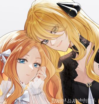 2girls blonde_hair blue_eyes breasts caitlin_(pokemon) closed_mouth commentary_request cynthia_(pokemon) dress fur_trim grey_eyes hair_ornament hair_over_one_eye highres long_hair long_sleeves looking_at_viewer multiple_girls nintendo pokemon pokemon_dppt pokemon_platinum sakaralalala simple_background smile very_long_hair zooming_in