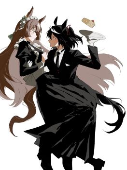 2girls ahoge animal_ears arm_around_another's_waist black_dress black_hair black_jacket black_pants blush braid breasts brown_eyes brown_hair butler cake cake_slice collared_shirt commentary dress ear_ornament food gloves hair_between_eyes half_up_braid highres holding holding_tray horse_ears horse_girl horse_tail illuminecanvas jacket kitasan_black_(umamusume) long_hair long_sleeves looking_at_another maid maid_headdress multicolored_hair multiple_girls necktie open_mouth pants red_eyes satono_diamond_(umamusume) shirt short_hair simple_background streaked_hair tail tray umamusume untranslatable_commentary very_long_hair white_gloves white_hair white_headdress white_shirt