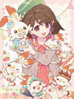 &gt;_o 1girl apple apple_slice bag bob_cut brown_hair cable_knit cardigan collarbone cupcake dress earrings easter_egg egg food food_on_face fruit gen_8_pokemon gloria_(pokemon) green_hat grey_cardigan hair_between_eyes haru_(haruxxe) hat highres hood hooded_cardigan jacket jewelry knees_together_feet_apart light_blush looking_at_viewer nintendo one_eye_closed open_mouth pink_dress pokemon pokemon_(creature) pokemon_swsh rabbit scorbunny short_hair shoulder_bag smile tam_o&#039;_shanter