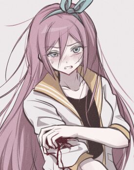 1girl aubrey_(faraway)_(omori) aubrey_(omori) black_shirt blue_eyes blue_hairband bow_hairband breasts clenched_teeth collarbone commentary crop_top cropped_shirt double-parted_bangs film_grain grey_background hair_between_eyes hairband hand_on_own_arm highres jacket long_hair looking_at_viewer messy_hair omori open_clothes open_jacket pink_hair sailor_collar scene_reference shirt simple_background small_breasts solo sweat symbol-only_commentary teeth three-quarter_sleeves uneven_eyes upper_body very_long_hair white_jacket wktdms1 yellow_sailor_collar