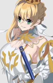 1girl ahoge artoria_pendragon_(fate) bare_shoulders blonde_hair blush breasts cleavage commentary_request crown detached_collar detached_sleeves dress fate/grand_order fate_(series) gold_trim green_eyes grin hair_ribbon highres large_breasts long_hair looking_at_viewer lord_logres_(fate) lord_logres_(second_ascension)_(fate) puti_tomato19 ribbon smile solo sword tabard weapon white_dress wide_sleeves