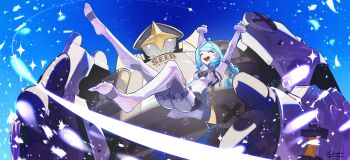 Rule 34 | 1girl, absurdres, ammunition pouch, armpits, arms up, ass, blue hair, blue sky, breasts, closed eyes, clothing cutout, commentary request, elbow gloves, feet, gloves, hair ornament, hairpin, highres, humanoid robot, joints, long hair, open mouth, ponytail, pouch, robot, robot joints, seed (zenless zone zero), seed sr., side cutout, sky, small breasts, soles, sparkle, stirrup legwear, thigh cutout, toeless legwear, white gloves, zenless zone zero, zeroartwo