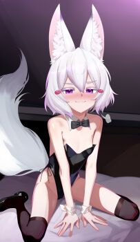 1girl :3 absurdres animal_ear_fluff animal_ears bare_shoulders black_bow black_bowtie black_leotard black_thighhighs blush bow bowtie chenki_(chenki) detached_collar flat_chest fox_ears fox_girl fox_tail hair_between_eyes hair_ornament hairclip high_heels highleg highleg_leotard highres leotard loli looking_at_viewer phase_connect purple_eyes short_hair sitting smile smug solo strapless strapless_leotard tail tenma_maemi thighhighs virtual_youtuber wariza white_hair wrist_cuffs