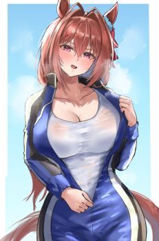 1girl animal_ears blue_bodysuit blush bodysuit breasts brown_hair cleavage daiwa_scarlet_(umamusume) hair_intakes horse_ears horse_girl horse_tail large_breasts long_hair long_sleeves looking_at_viewer open_mouth red_eyes sg_(esujii) shirt smile solo tail twintails umamusume very_long_hair white_shirt