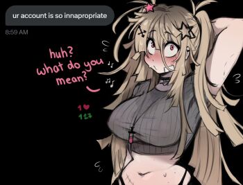 1girl arm_behind_head averting_eyes bite_mark bite_mark_on_arm black_background black_choker blonde_hair blush breasts choker commentary cropped_shirt dokidomiki english_commentary english_text flying_sweatdrops grey_shirt hair_between_eyes hair_ornament jewelry large_breasts long_hair looking_up messy_hair midriff miki_(dokidomiki) musical_note navel necklace nervous_whistling original pink_eyes puckered_lips scar scar_on_stomach shirt short_sleeves simple_background solo star_(symbol) star_hair_ornament sweat syringe syringe_necklace text_messaging upper_body whistling