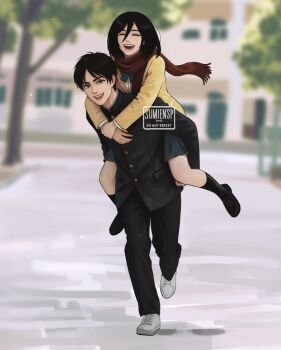 Rule 34 | 1boy, 1girl, arms around neck, artist name, black hair, black jacket, black pants, black shoes, black socks, blue bow, blue bowtie, blue skirt, blurry, blurry background, bow, bowtie, carrying, closed eyes, eren yeager, full body, gakuran, gold buttons, hair between eyes, hashtag-only commentary, hetero, highres, jacket, loafers, medium hair, mikasa ackerman, open mouth, outdoors, pants, piggyback, red scarf, scarf, school uniform, shingeki no kyojin, shirt, shoes, short hair, skirt, smile, sneakers, socks, sumiensp, white shirt, white shoes, yellow jacket