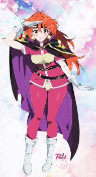 Rule 34 | 1990s (style), 1girl, absurdres, arm at side, artist logo, boots, breasts, cape, closed mouth, cloud, earrings, full body, gloves, highres, jewelry, knee boots, lina inverse, logo, long hair, looking at viewer, medium breasts, orange hair, outdoors, purple cape, r3dfive, red eyes, retro artstyle, salute, signature, skin tight, slayers, smile, solo, standing, thighs, very long hair, white boots, white gloves