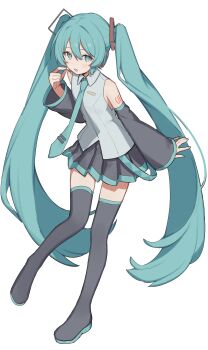 1girl absurdres aqua_eyes aqua_hair aqua_nails aqua_necktie aqua_trim bare_shoulders black_skirt black_sleeves black_thighhighs boots collared_shirt detached_sleeves double-parted_bangs full_body grey_shirt hair_between_eyes hair_ornament hand_up hashtag-only_commentary hatsune_miku headphones highres leaning_forward long_hair long_sleeves looking_at_viewer microphone nail_polish necktie number_tattoo open_mouth shiratakiseaice shirt shoulder_tattoo simple_background skirt sleeves_past_wrists solo standing standing_on_one_leg tattoo teeth thigh_boots thighhighs upper_teeth_only very_long_hair vocaloid white_background