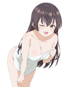 1girl absurdres bare_shoulders blush breasts brown_hair cleavage collarbone daichi777zz hair_between_eyes hand_on_leg hand_on_own_chin hand_on_own_leg highres large_breasts leaning_forward long_hair looking_at_viewer naked_towel one_eye_closed sidelocks simple_background smile solo suou_yuki teasing thighs tokidoki_bosotto_roshia-go_de_dereru_tonari_no_alya-san towel white_background wink