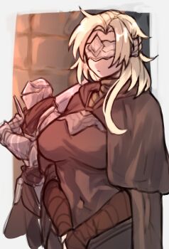 Rule 34 | 1boy, 1girl, arm wrap, armor, ashen one (dark souls), blindfold, blindfold mask, blonde hair, breasts, brick wall, brown capelet, brown dress, capelet, covered navel, dark souls (series), dark souls iii, dress, fire keeper, full armor, helmet, highres, holding, holding sword, holding weapon, knight, large breasts, long hair, mask, shigezie, sword, upper body, weapon