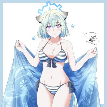 1girl animal_ears bikini blue_archive blue_halo breasts front-tie_bikini_top front-tie_top green_hair hair_between_eyes halo highres large_breasts looking_at_viewer navel purple_eyes shigure_(blue_archive) short_hair side-tie_bikini_bottom smile solo striped_bikini striped_clothes swimsuit tail weasel_ears weasel_girl weasel_tail yua_(checkmate)