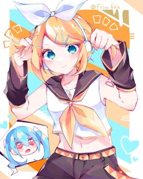 1girl :o adjusting_hair bare_shoulders belt black_sailor_collar black_shorts black_sleeves blonde_hair blue_background blue_eyes blue_hair blush border bow_hairband breasts closed_mouth collarbone commentary_request detached_sleeves diagonal-striped_background double-parted_bangs frion622 hair_between_eyes hair_ornament hairband halftone halftone_background hands_up hatsune_miku headphones headset heart heart-shaped_eyes highres kagamine_rin long_sleeves looking_at_viewer midriff navel neckerchief notice_lines number_tattoo orange_background outside_border red_eyes sailor_collar shirt short_hair shorts shoulder_tattoo simple_background sleeveless sleeveless_shirt small_breasts smile solo spoken_character striped_background swept_bangs tattoo tongue twintails twitter_username vocaloid white_border white_hairband white_shirt yellow_belt yellow_neckerchief yellow_trim