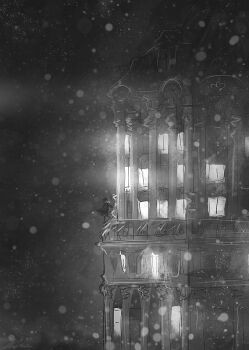 Rule 34 | 1other, artist name, black coat, building, coat, full body, greyscale, monochrome, night, on railing, original, outdoors, railing, scenery, signature, sky, snowing, standing, star (sky), starry sky, trench coat, window light, zandra