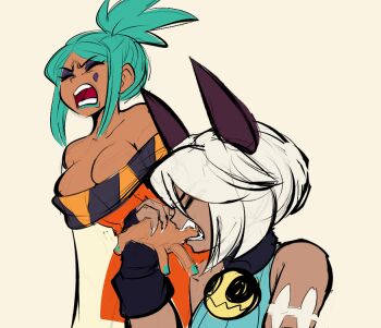 2girls bare_shoulders biting biting_fingers biting_hand bob_cut breasts cerebella_(skullgirls) cleavage closed_eyes dark-skinned_female dark_skin dumplingpastel green_hair green_lips large_breasts ms._fortune_(skullgirls) multiple_girls nail_polish open_mouth short_hair skullgirls tan_background teeth white_hair