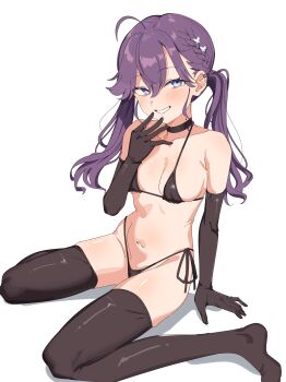 1girl absurdres bikini black_bikini black_choker black_gloves black_thighhighs blue_eyes blush breasts choker commentary_request elbow_gloves gakuen_idolmaster gloves hand_up highres idolmaster kaya_rinha long_hair looking_at_viewer mole mole_on_neck navel paid_reward_available purple_hair seihekiog side-tie_bikini_bottom simple_background sitting small_breasts smile solo stomach swimsuit thighhighs thighs twintails wariza white_background