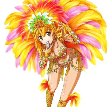 Rule 34 | 1girl, blonde hair, blowing whistle, breasts, feathers, gem, headdress, holding, holding own hair, holding whistle, large breasts, leaning forward, long hair, looking at viewer, marin (umi monogatari), navel, non-web source, official art, photoshop (medium), revealing clothes, samba, showgirl, simple background, solo, umi monogatari, whistle, white background