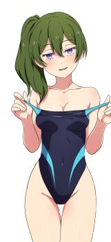 1girl :d black_one-piece_swimsuit commentary_request competition_swimsuit green_hair groin hand_on_own_hip highleg highleg_one-piece_swimsuit highres holding_strap long_hair looking_at_viewer medium_hair na-suke one-piece_swimsuit open_mouth purple_eyes side_ponytail smile solo sousou_no_frieren swimsuit thigh_gap tongue two-tone_swimsuit ubel_(sousou_no_frieren)