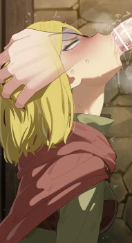1boy 1girl absurdres alicia_glenfall aqua_eyes bar_censor blonde_hair blush breasts cape censored clevatess:_majuu_no_ou_to_akago_to_shikabane_no_yuusha fellatio green_shirt hands_on_another&#039;s_head hetero highres irrumatio long_sleeves medium_breasts mizumizuni oral penis red_cape shirt short_hair solo_focus sweat tears