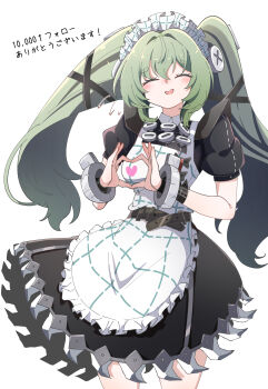 1girl absurdres belt breasts caseee999 closed_eyes commentary_request corin_wickes cowboy_shot cuffs facing_viewer flying_sweatdrops green_hair heart heart_hands highres long_hair maid open_mouth puffy_short_sleeves puffy_sleeves screw_hair_ornament short_sleeves simple_background smile solo standing translation_request twintails white_background zenless_zone_zero