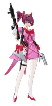 Rule 34 | 1girl, absurdres, ammunition, asymmetrical dual wielding, bow, candy, chest bow, dress, drill hair, dual wielding, food, full body, gloves, gun, hair ornament, hand up, handgun, high heels, highres, holding, holding gun, holding weapon, holster, kirirei 228, knife sheath, large bow, lollipop, lollipop in mouth, original, pantyhose, pink dress, purple eyes, purple hair, red bow, red shoes, sheath, shoes, short sleeves, shotgun, shotgun shell, shoulder holster, simple background, solo, standing, stuffed toy, thigh holster, thigh strap, trigger discipline, twin drills, weapon, weapon request, white background, white gloves, white pantyhose
