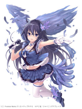 1girl bird blue_boots blue_eyes blue_fire blue_hair blue_ribbon blue_skirt blue_vest boots breasts character_request commentary_request copyright_notice creativerpg feather_hair_ornament feathers fire floating_hair full_body gloves hair_between_eyes hair_ornament hands_up holding holding_microphone long_hair looking_at_viewer medium_breasts microphone midriff miniskirt navel official_art parted_lips phoenix pleated_skirt pleated_vest ribbon shirt skindentation skirt sleeveless sleeveless_shirt solo teeth thighhighs tongue tougo upper_teeth_only variant_set vest white_gloves white_shirt white_thighhighs zettai_ryouiki