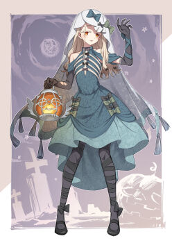 1girl absurdres black_bow black_gloves black_pantyhose blonde_hair blush bow dress elbow_gloves full_body gakuen_idolmaster gloves green_dress halloween highres holding holding_lantern idolmaster lantern long_sleeves looking_at_viewer orange_eyes pantyhose print_dress ribs shinosawa_hiro skull smile solo tamago_sando tongue tongue_out veil white_veil