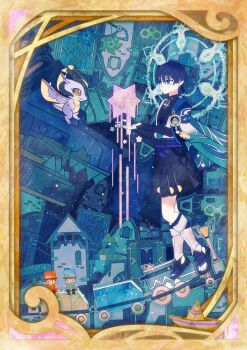 1boy anemo_symbol_(genshin_impact) armor belt black_belt black_bodysuit black_bow black_bridal_gauntlets black_eyes black_hair black_sandals black_shorts blue_gemstone blue_halo blue_kimono blue_sleeves blunt_ends bodysuit border bow bridal_gauntlets bright_pupils building closed_mouth covered_collarbone dragon feathers floating furisode gem genshin_impact gold_border hakama hakama_shorts halo halo_behind_head han'eri hands_up highres japanese_armor japanese_clothes kimono kote kurokote layered_kimono layered_sleeves leg_warmers leggings levitation magic_circle male_focus mandarin_collar mini_durin_(dragon)_(genshin_impact) mini_durin_(genshin_impact) non-humanoid_robot open_clothes open_hands open_kimono ornate_border paper_boat pinwheel pleated_shorts pom_pom_(clothes) purple_rope purple_sash ringed_eyes robot robot_dragon rope sandals sash scaramouche_(genshin_impact) short_sleeves shorts small_dragon smile split_mouth star_(symbol) stirrup_legwear tassel toeless_legwear toes toy train tukineko222 upside-down_building vision_(genshin_impact) wanderer_(genshin_impact) white_kimono white_leg_warmers white_pupils white_sleeves winding_key yellow_feathers zouri