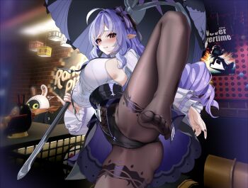 1girl :q absurdres adapted_costume bangboo_(zenless_zone_zero) black_pantyhose blush bow breasts closed_mouth commentary_request covered_navel eous_(zenless_zone_zero) feifu fingernails hair_bow highres huge_breasts indoors leg_up long_hair long_sleeves looking_at_viewer mole mole_under_eye multicolored_hair nail_polish no_shoes pantyhose partial_commentary pointy_ears purple_bow purple_hair purple_nails red_eyes shirt shirt_tucked_in shrug_(clothing) sidelocks smile solo standing streaked_hair thighs toes tongue tongue_out very_long_hair vivian_banshee white_shirt white_shrug zenless_zone_zero