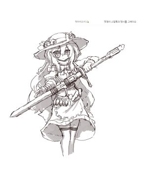 Rule 34 | 1girl, absurdres, adapted costume, apron, blush, closed mouth, commentary, fingerless gloves, gloves, greyscale, highres, hinanawi tenshi, holding, holding sword, holding weapon, korean commentary, korean text, long hair, looking at viewer, monochrome, monocle, rampa93, sheath, shirt, skirt, smile, solo, sword, thighhighs, touhou, translation request, unsheathing, very long hair, waist apron, weapon