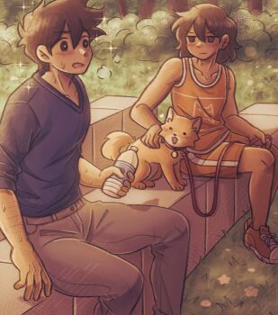 2boys black_eyes blue_sweater blush bottle bright_pupils brown_hair collar collarbone commentary dark-skinned_male dark_skin dog double-parted_bangs english_commentary hair_between_eyes hector_(omori) hero_(faraway)_(omori) hero_(omori) highres holding holding_bottle holding_leash kel_(faraway)_(omori) kel_(omori) leash looking_at_another male_focus multiple_boys omori open_mouth orange_shoes orange_shorts outdoors red_collar setosexual shoes short_hair short_sleeves shorts sitting sleeves_rolled_up sneakers sparkle sweat sweater tree water_bottle white_pupils