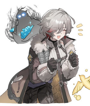 2boys :d ^_^ bird black_pants blush brown_coat chest_harness clenched_hands closed_eyes coat commentary_request cowboy_shot cropped_legs earrings flins_(genshin_impact) fur-trimmed_coat fur-trimmed_sleeves fur_trim genesis_crystal genshin_impact glowing glowing_eyes grey_hair hair_between_eyes hands_up harness hayama_eishi illuga_(genshin_impact) jewelry long_sleeves male_focus mole mole_under_eye multicolored_hair multiple_boys notice_lines open_clothes open_coat open_mouth pants parted_bangs red_hair ribbed_sweater scar scar_on_shoulder short_hair silhouette simple_background single_earring sleeve_cuffs sleeveless sleeveless_sweater smile solo_focus sparkle standing sweater turtleneck turtleneck_sweater two-tone_hair white_background white_sweater