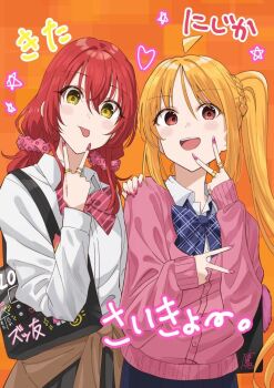 Rule 34 | 2girls, ahoge, alternate costume, bag, blonde hair, blue bow, blue bowtie, bocchi the rock!, bow, bowtie, cardigan, cardigan around waist, clothes around waist, collared shirt, commentary request, drawn star, fake nails, ijichi nijika, inward v, jewelry, kanaria hisagi, kita ikuyo, long hair, looking at viewer, low twintails, multiple girls, nail polish, open mouth, orange background, pink cardigan, pink scrunchie, purikura, red bow, red bowtie, red eyes, red hair, ring, school uniform, scrunchie, shirt, shoulder bag, side ponytail, tongue, tongue out, translation request, twintails, v, yellow eyes