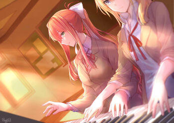 2girls artist_name artist_self-insert blazer blonde_hair blue_eyes bulletin_board chalkboard crossover doki_doki_literature_club green_eyes hair_ribbon highres instrument jacket light_rays long_hair miyazono_kawori monika_(doki_doki_literature_club) multiple_girls music neck_ribbon orange_hair piano pin.s playing_instrument playing_piano ponytail red_ribbon ribbon school_uniform shigatsu_wa_kimi_no_uso sidelocks sun_beam sunbeam sunlight white_ribbon