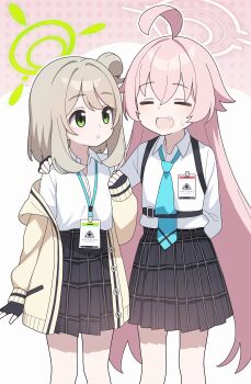 Rule 34 | 2girls, :d, absurdres, aged down, ahoge, black skirt, blue archive, blue necktie, blush, cardigan, closed eyes, collared shirt, green eyes, green halo, hair between eyes, halo, highres, hoshino (blue archive), huge ahoge, id card, jacket, long hair, long sleeves, multiple girls, necktie, nonomi (blue archive), open mouth, pink hair, pink halo, pleated skirt, shirt, skirt, sleeves past wrists, smile, suspenders, vector (dmlddmld00), very long hair, white shirt, yellow cardigan