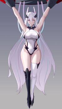 1girl absurdres aqua_pupils armpits arms_up asymmetrical_footwear azur_lane bare_shoulders black_boots blue_streaks boots breasts covered_navel gluteal_fold hair_between_eyes headgear highres impossible_clothes impossible_leotard kearsarge_(azur_lane) knee_boots large_breasts leotard long_hair looking_at_viewer multicolored_leotard navel orchery pink_streaks purple_eyes restrained sideboob single_knee_boot single_thigh_boot solo stationary_restraints thigh_boots two-tone_leotard very_long_hair white_boots white_hair white_leotard