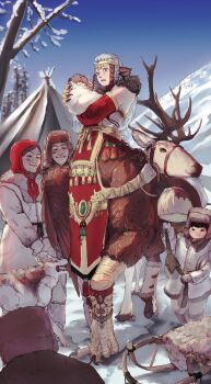 2girls 3boys animal_ears baby bare_tree blue_sky blush borrowed_character braid breasts carrying_baby carrying_person centauroid circlet claws closed_mouth coat commentary_request commission day detached_sleeves dog feathered_wings fur-trimmed_coat fur_hat fur_trim green_eyes hat highres hooves horse_tail leg_warmers long_hair medium_breasts mittens monster_girl moose multiple_boys multiple_girls nemunoki_fuwa open_mouth original outdoors pants parted_lips pelvic_curtain red_sleeves saddle side_braids sideboob sky sled smile snow standing tabard tail talons tassel taur tree white_coat white_hair white_pants wings winter_clothes winter_coat