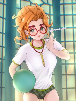 1girl :d animification breasts buruma chromatic_aberration curtained_hair deadlock_(game) eyelashes film_grain freckles glasses green_buruma green_eyes gym_shirt gym_uniform hand_up highres large_breasts long_hair mismatched_eyebrows monao_pict open_mouth orange_hair paige_(deadlock) red-framed_eyewear round_eyewear shirt short_sleeves smile solo thick_eyebrows twitter_username white_shirt window