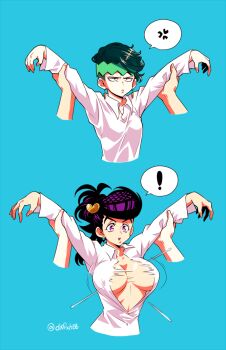 ! 2girls anger_vein bad_id bad_pixiv_id blue_background breasts bursting_breasts genderswap genderswap_(mtf) green_hair higashikata_josuke jojo_no_kimyou_na_bouken kishibe_rohan large_breasts matcha_cream_v multiple_girls no_bra open_clothes open_shirt pompadour shirt simple_background spoken_anger_vein spoken_exclamation_mark vldksltlah88