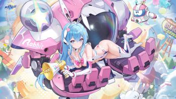 1girl aircraft airplane animal_ears artist_request balloon blue_eyes blue_hair breasts castle cleavage commentary_request copyright_name crossed_bangs elbow_gloves english_text ferris_wheel gloves groin hair_between_eyes halftone highres holding holding_balloon holding_megaphone logo long_hair looking_at_viewer lying mechanical_ears medium_breasts megaphone multicolored_eyes official_art on_side purple_hair rabbit rabbit_ears reizei_emeko revealing_clothes riichi_city road robot sailor_collar second-party_source sidelocks solo star_balloon thighhighs tree white_gloves white_thighhighs