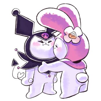 Rule 34 | 2girls, animal ears, black hood, blush, demon tail, flower, flustered, hair flower, hair ornament, happy, kuromi, multiple girls, my melody, my melody (series), onegai my melody, pink hood, poroshya, rabbit ears, rabbit girl, rabbit tail, sanrio, skull, tail, white flower, white fur, yuri