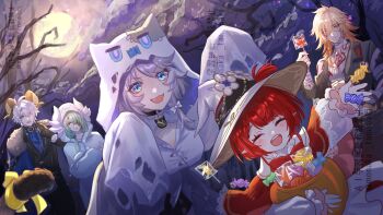 2girls 3boys absurdres anaxa_(honkai:_star_rail) animal_costume black_vest blonde_hair blue_eyes breasts cipher_(honkai:_star_rail) coat dromas_(honkai:_star_rail) eyepatch food full_moon fur-trimmed_coat fur_trim ghost_costume green_hair grey_hair halloween halloween_bucket halloween_costume hat highres holding holding_food holding_popsicle honkai:_star_rail honkai_(series) large_breasts moon multiple_boys multiple_girls mummy_costume mydei_(honkai:_star_rail) night night_sky open_mouth phainon_(honkai:_star_rail) pointy_ears popsicle red_hair red_tattoo short_hair sky small_breasts smile tanemaki_monaka tree tribbie_(honkai:_star_rail) vest white_hair witch_hat wubbaboo_(honkai:_star_rail) yellow_eyes