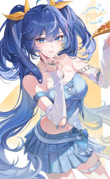 1girl absurdres ahoge bare_shoulders blue_eyes blue_hair blue_skirt breasts cheese cheese_trail closed_mouth collarbone commentary earrings eating food hair_between_eyes hand_up highres holding holding_food holding_pizza iuno_(wuthering_waves) jewelry long_hair looking_at_viewer medium_breasts midriff multicolored_hair nail_polish navel official_alternate_costume pizza ring skirt smile solo streaked_hair thigh_strap thighs twintails very_long_hair wuthering_waves yellow_nails zani_journey