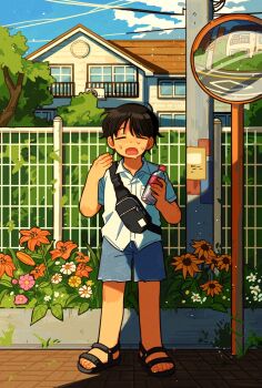 Rule 34 | 1boy, black hair, black sandals, blue shorts, blue sky, bottle, closed eyes, collared shirt, commentary request, day, fanny pack, flower, highres, holding, holding bottle, korean commentary, male focus, open mouth, original, outdoors, power lines, sandals, shirt, short sleeves, shorts, sihyun25, sky, solo, sunflower, sweat, traffic mirror, white shirt