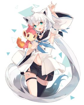 1girl 1other ahoge animal_ear_fluff animal_ears aqua_eyes aqua_necktie arm_up armpits black_shorts black_thighhighs blush chimchar detached_sleeves fire fox_ears fox_girl fox_hair_ornament fox_tail front_slit gen_4_pokemon hair_between_eyes hololive long_hair long_sleeves looking_at_viewer monkey monkey_ears navel necktie nintendo open_mouth pokemon shakemi_(sake_mgmgmg) shirakami_fubuki short_shorts shorts single_thighhigh smile stomach tail thigh_strap thighhighs virtual_youtuber white_hair