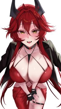 1girl antenna_hair between_breasts black_choker black_gloves black_jacket blush breasts choker cleavage double-parted_bangs dress fang fingerless_gloves gloves goddess_of_victory:_nikke hair_between_eyes halter_dress halterneck hands_on_own_thighs highres horns jacket jacket_on_shoulders large_breasts leaning_forward long_hair looking_at_viewer mechanical_horns navel official_alternate_costume open_mouth red_dress red_hair red_hood_(nikke) red_hood_(nonsense_red)_(nikke) simple_background skin_fang smile solo strap_between_breasts tato0324iti very_long_hair white_background yellow_eyes