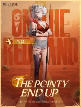 1girl asymmetrical_bangs black_leggings blue_eyes braid breasts character_name cleavage closed_mouth copyright_name dikke_(reverse:1999) dikke_(the_pointy_end_up)_(reverse:1999) disembodied_hand dolphin_shorts elbow_pads english_text expressionless french_braid full_body grey_shorts highres holding_javelin javelin_(spear) leg_warmers leggings logo long_hair looking_at_viewer medium_breasts official_alternate_costume official_art orange_background ponytail red_tank_top reverse:1999 shoes shorts sideboob single_bare_arm single_detached_legging single_elbow_pad single_sock sneakers socks solo standing sweat tank_top torn_clothes torn_leggings white_hair white_shoes white_socks yellow_background