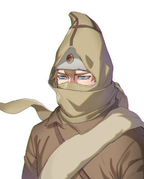1boy blue_eyes brown_coat brown_hair chromatic_aberration coat commentary_request foxvulpine golden_kamuy hair_between_eyes hood hood_up looking_ahead male_focus mask mouth_mask short_hair simple_background solo upper_body vasily_(golden_kamuy) white_background