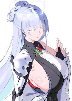 1girl abhaya_mudra absurdres bead_bracelet beads blue_eyes blue_hair bodysuit bracelet breasts bridal_gauntlets colored_eyelashes commentary_request earrings goddess_of_victory:_nikke halo highres jewelry large_breasts long_hair looking_to_the_side mechanical_arms mole mole_on_breast monk multicolored_bodysuit nayuta_(nikke) open_mouth shiki_(love-saber) sideboob simple_background single_bare_shoulder single_mechanical_arm solo split-color_clothes thick_eyelashes two-tone_bodysuit unusually_open_eyes very_long_hair white_background white_eyelashes