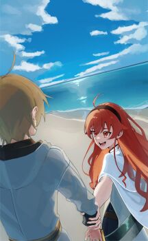 1boy 1girl absurdres ahoge beach black_tiara blue_sky bow brown_hair cloud eris_greyrat grabbing_another&#039;s_arm highres looking_at_another mai82880647 mushoku_tensei ocean open_mouth pulling_arm red_bow red_eyes rudeus_greyrat sky smile sword tiara weapon