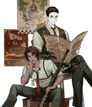 2boys baseball_cap black_eyes black_hair black_pants brown_hair chanil_(muexlku) chest_harness commentary_request commission crossed_legs dark-skinned_female dark_skin harness hat heathcliff_(project_moon) highres id_card korean_commentary limbus_company meursault_(project_moon) multiple_boys necktie newspaper pants poster_(object) project_moon red_necktie shirt simple_background sitting white_background white_shirt